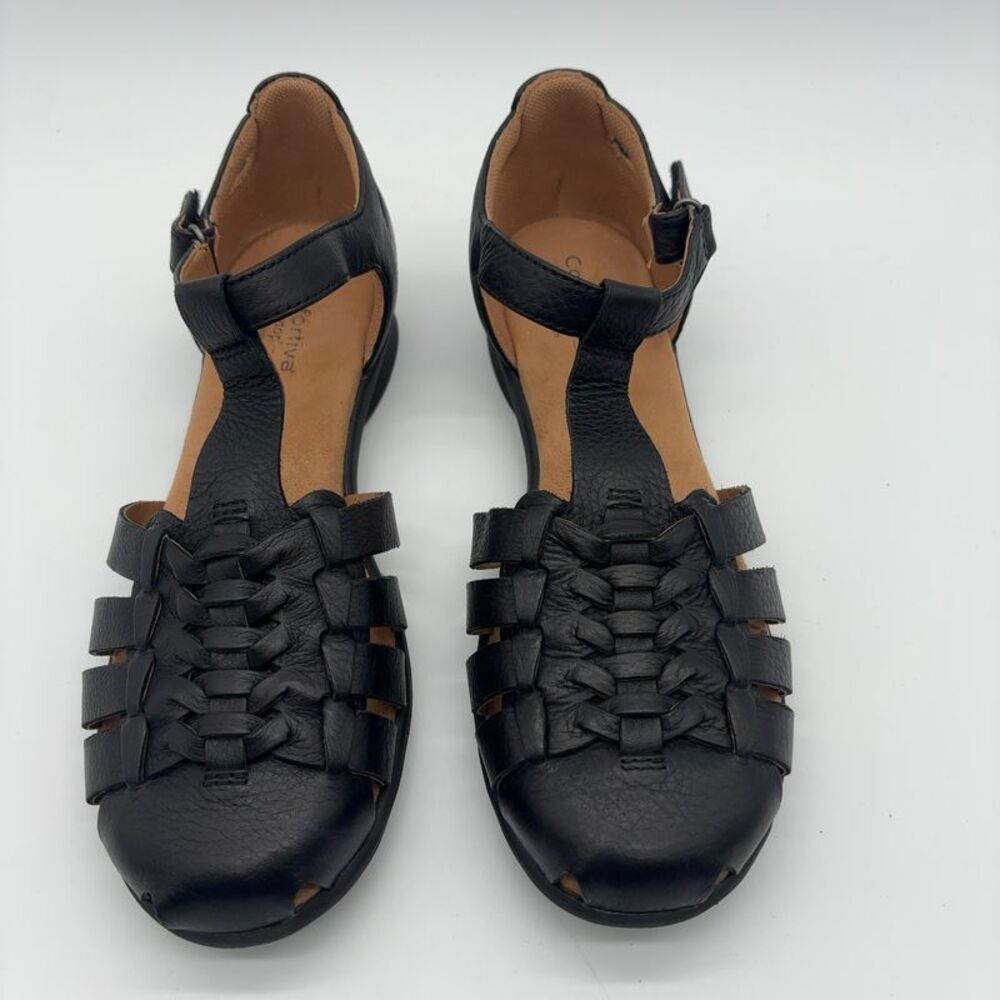 Comfortiva Black Leather Woven T-Strap Sandals